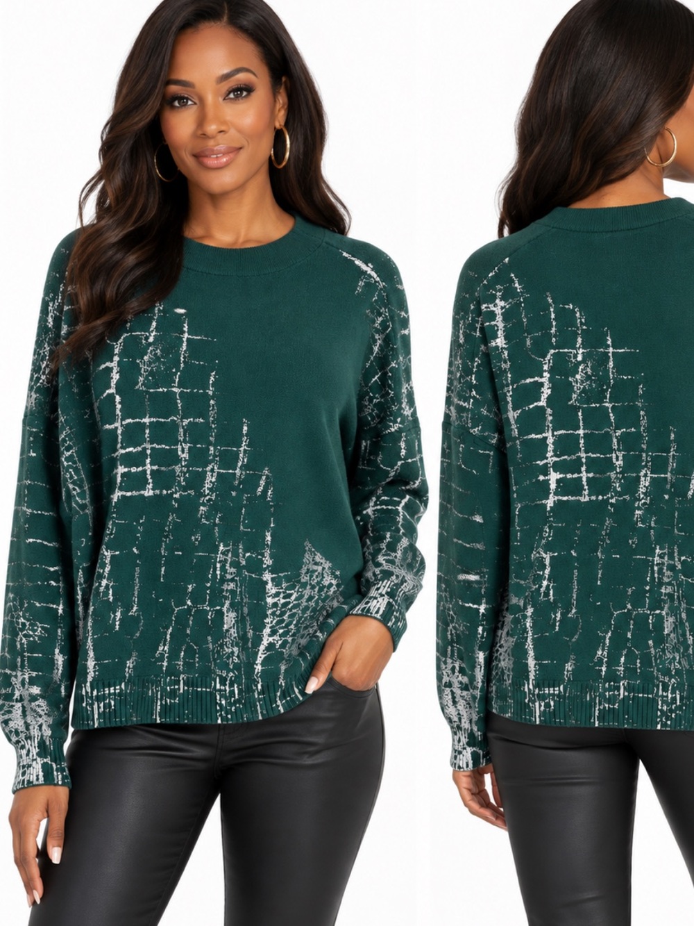 Women's Dark Green Abstract Crewneck Sweater